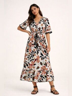 Anthropologie Kindred Floral Boho Peasant Midi Dress M Tassel  Prairie Romantic